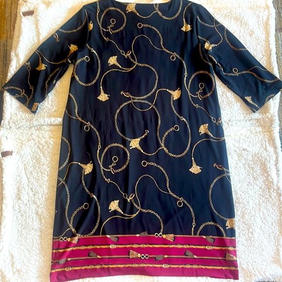 Chico’s black, gold, maroon dress with some white. Length of the dress is 38” - Picture 2 of 3